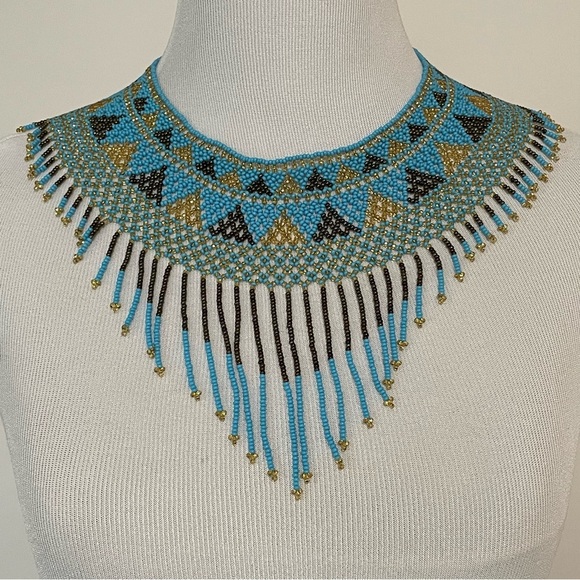 Blue Gold Brown Native American Style Beaded Necklace Collar Handmade - Picture 1 of 7